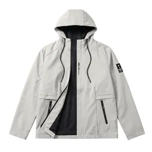 Men's hooded windbreaker casual outdoor sports jacket detail view showing zipper and fabric.