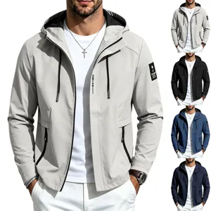 Men's Casual Hooded Windbreaker Jacket Solid Polyester Breathable Windproof Outdoor Sport Jacket Top