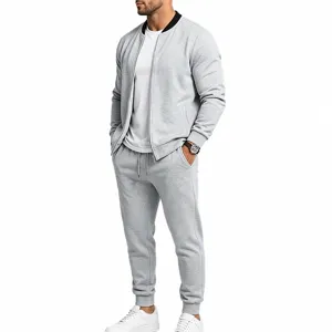 Men's casual grey bomber jacket and matching sweatpants tracksuit set for daily outdoor wear.