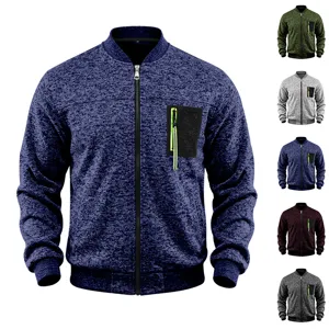 Men's fleece lined cationic stand collar jacket detail view with contrast zip chest pocket.