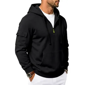 Herren Freizeit Viertelreißverschluss Fleece Kapuzensweatshirt mit Ärmeltasche schwarz