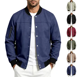 Men suede jacket detail view showing metal buttons, collar, and zipper pocket features.