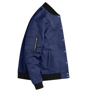 Detailed view of the blue faux suede bomber jacket showing sleeve zipper pocket and metal snap buttons.