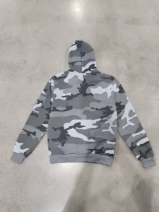 Men's heavyweight fleece lined camo hooded sweatshirt with tactical sleeve pocket for outdoor sports.