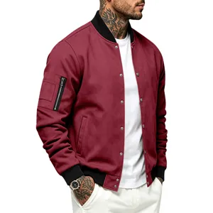 Men's Solid Color Suede Bomber Jacket Casual Long Sleeve Stand Collar Button Coat