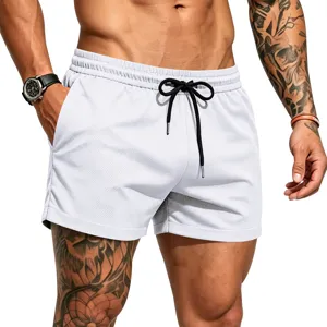 White mesh sports shorts for men, breathable quick-dry beach swim trunks with drawstring.