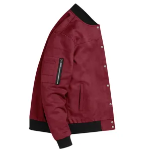 Close-up view of mens burgundy faux suede bomber jacket sleeve pocket and metal snap buttons.