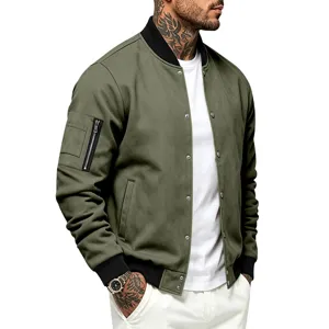 Close-up detail of mens green suede bomber jacket with ribbed stand collar and front buttons.