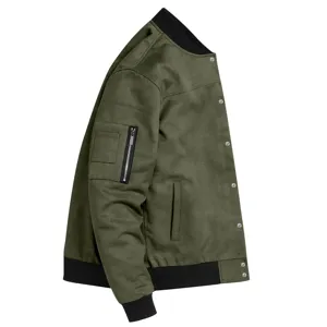 Detail view of men's green suede bomber jacket featuring stand collar and metal snap buttons.