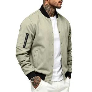 Detailed view of the men's suede bomber jacket sleeve zipper pocket and ribbed collar.