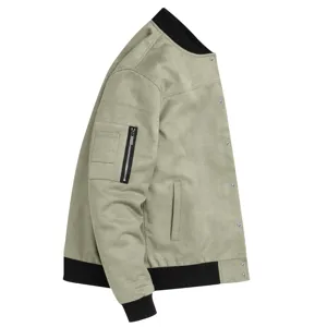 Close-up detail view of the men's suede jacket sleeve zipper pocket and black rib collar.