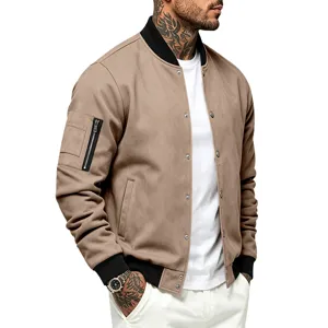 Detailed view of men suede bomber jacket sleeve zipper pocket and ribbed cuffs, casual style.