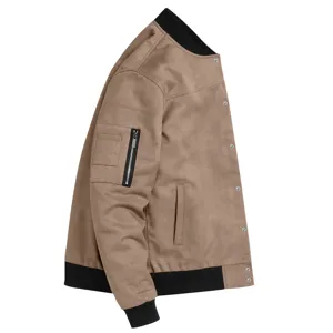 Men brown suede bomber jacket casual stand collar snap button coat long sleeve outerwear