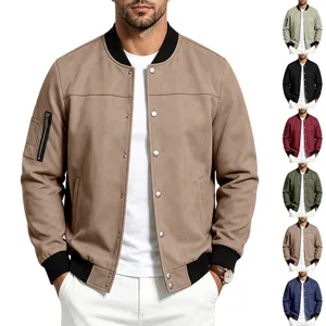 Men's American Retro Suede Bomber Jacket Solid Color Stand Collar Button Up Patchwork Casual Sport Long Sleeve Jacket Coat