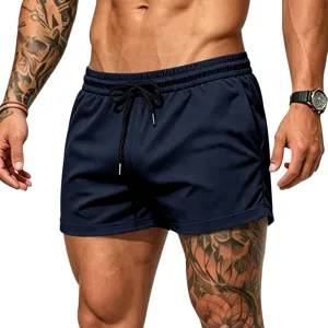 Men's mesh athletic shorts detail view, breathable summer beach sportswear with drawstring.