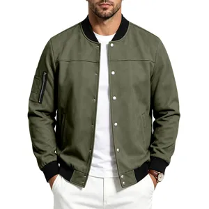 Men's olive green faux suede bomber jackets with stand collar and zipper pocket.