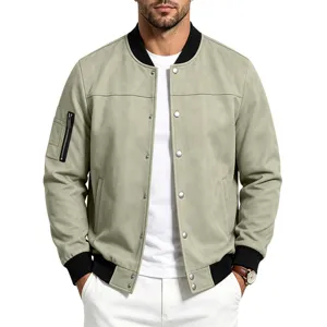 Men's faux suede bomber jacket casual long sleeve button up outerwear with stand collar.