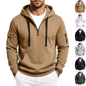 Herren Schwerer Fleece Hoodie Cargo Stil Halber Reißverschluss Pullover Sweatshirt Lockerer Schnitt Kapuzenjacke Lässiges Warmes Sportoberteil