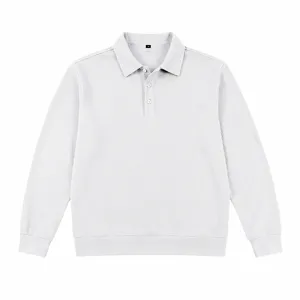Detail shot of mens long sleeve waffle knit polo shirt in white with button placket.