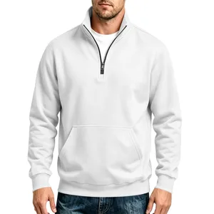 Men's solid white quarter zip pullover sweatshirt with stand collar and front pocket casual wear.
