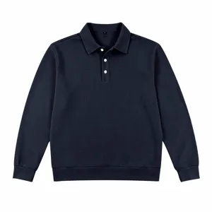 Men's waffle knit long sleeve polo shirt casual solid color button down top for autumn.
