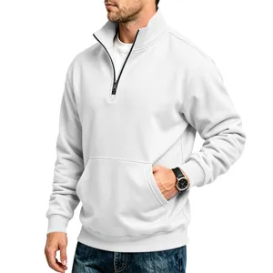 Close-up detail view of the white quarter-zip sweatshirt pocket and fabric texture.