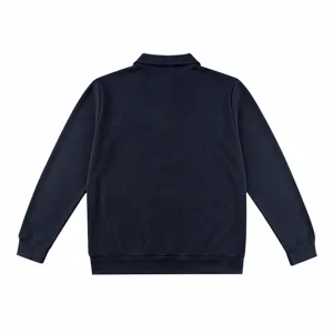 Detailed back view of men's navy blue waffle knit long sleeve polo shirt texture.