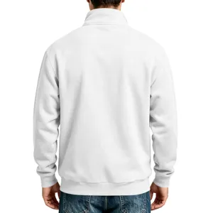Back view detail of a solid white men's stand collar zip sweatshirt with casual fit.