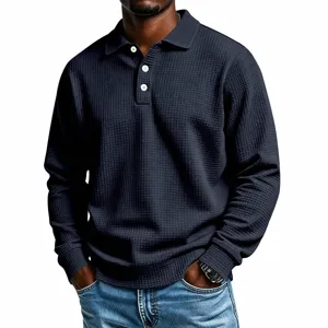 Men's waffle knit long sleeve polo shirt casual solid color lapel top for autumn daily wear.