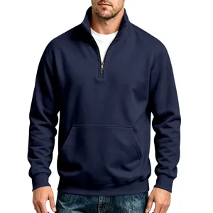 Close up view of mens navy blue quarter zip sweatshirt with stand collar and kangaroo pocket.
