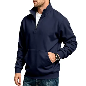 Men's navy blue quarter zip fleece sweatshirt casual long sleeve pullover with pocket.