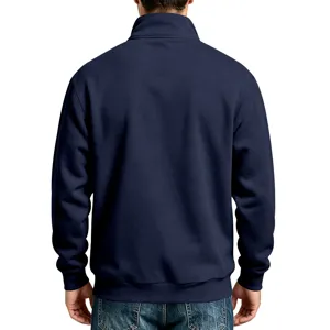 Detailed rear view showcasing a solid dark blue stand collar zip sweatshirt design.