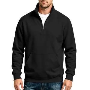 Men's black 1/4 zip mock neck pullover sweatshirt detail with kangaroo front pocket.