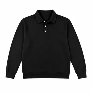 Men Black Long Sleeve Waffle Knit Polo Shirt Casual Button Lapel Top Apparel Clothing