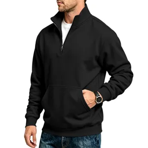 Men casual black quarter zip sweatshirt with stand collar and front pockets.