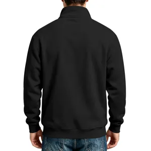 Men's casual black stand-collar zipper sweatshirt back view, showing fleece-lined solid fabric.