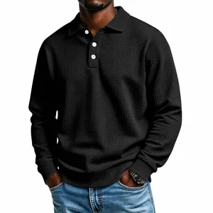 Men's waffle knit long sleeve polo shirt, casual solid color button lapel top for autumn.