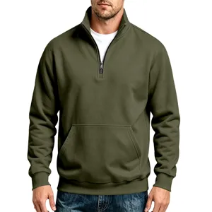 Men's solid green quarter-zip fleece sweatshirt detail showing stand collar and cozy kangaroo pocket design.