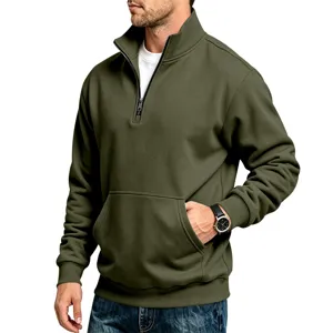 Men's army green quarter-zip fleece sweatshirt featuring a stand collar, pocket, and ribbed trim.