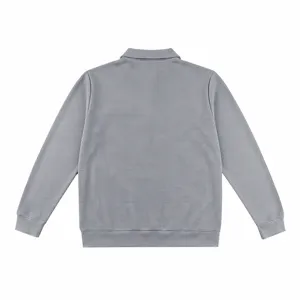 Detailed back view of men's casual waffle knit long sleeve polo shirt in solid grey.