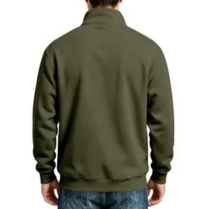 Men's army green fleece half-zip stand collar sweatshirt back view for casual wear.