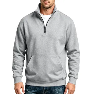 Men's casual solid grey 1/4 zip mock neck fleece pullover sweatshirt product detail view.