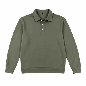 Close-up view of mens waffle knit long sleeve polo shirt collar detail with buttons and size tag.