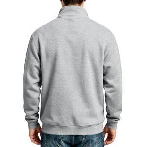 Back view detail of mens solid grey mock neck fleece lined zip sweatshirt texture.