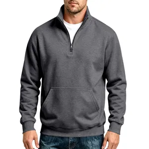 Detail view of men's dark gray quarter zip fleece sweatshirt front pocket style.