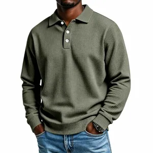 Close-up detail of the olive green waffle knit long sleeve polo shirt, comfortable fit.