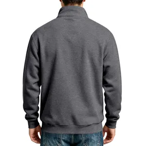 Back detail view of the dark grey stand collar half-zip fleece sweatshirt for men.