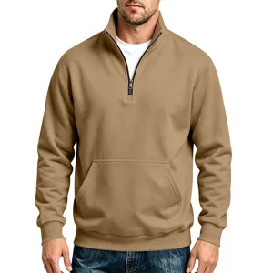 Men casual khaki quarter zip sweatshirt detail view featuring stand collar and front pocket.