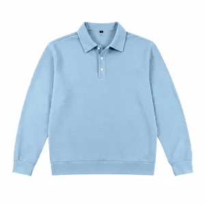 Men's long sleeve waffle knit polo shirt casual solid color top with button placket.