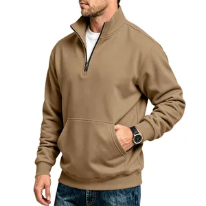 Men's solid color quarter zip fleece sweatshirt casual stand collar pullover with pocket.